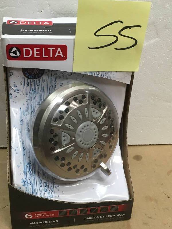 lot 55 image: Delta 6-Spray 4.38 in. Fixed Shower Head in Brushed Nickel in good condition