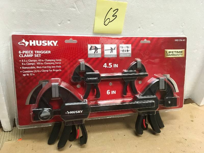 lot 63 image: Husky 6 in. and 4.5 in. Trigger Clamp Set (6-Piece) not used
