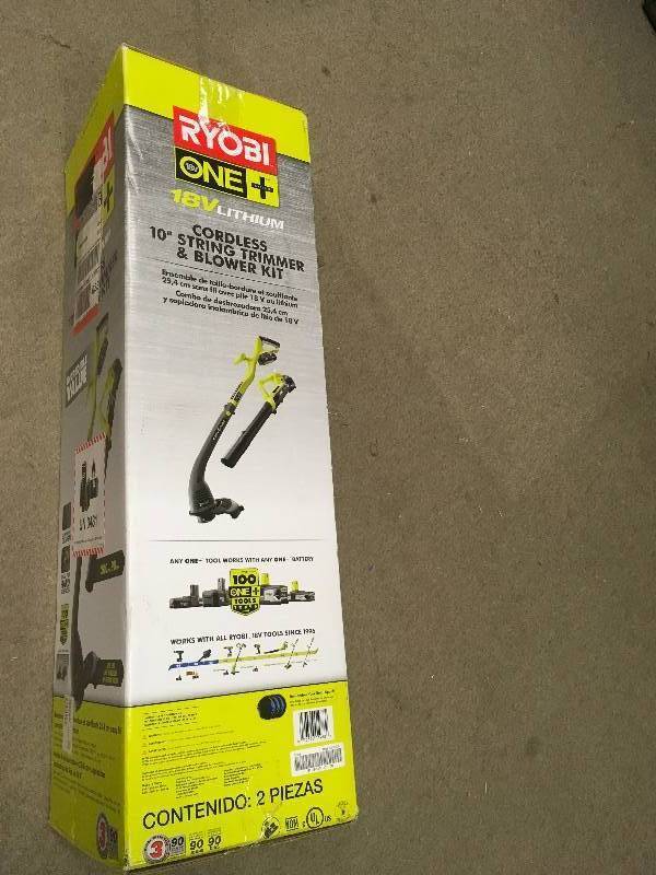 lot 79 image: RYOBI ONE 18-Volt Lithium-Ion String TrimmerEdger and Blower Combo Kit 2.0 Ah Battery and Charger Included not used