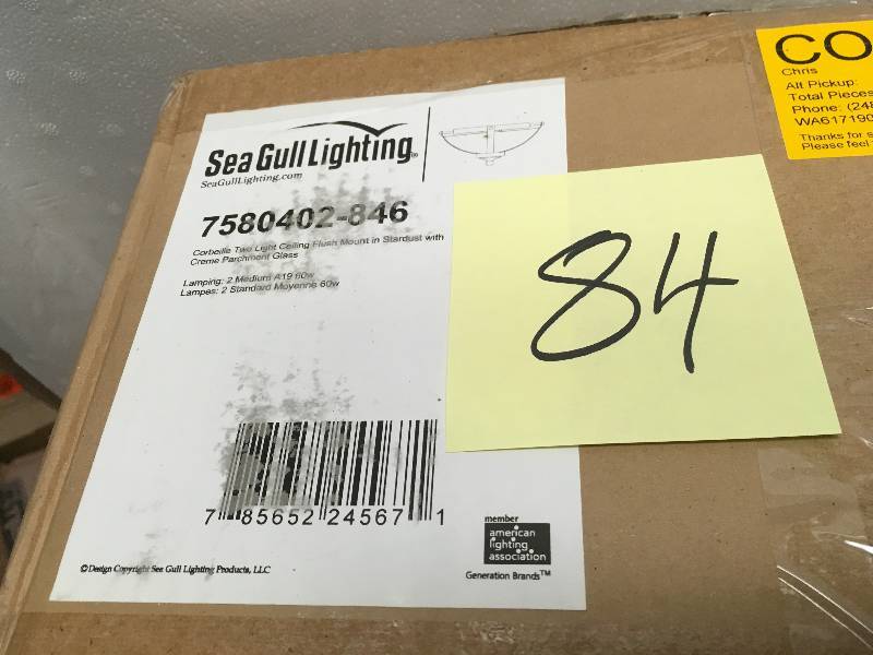 lot 84 image: Sea Gull Lighting Corbeille 15. in. W. 2-Light Weathered Gray and Distressed Oak Ceiling Flush Mount with Creme Parchment Glass not used