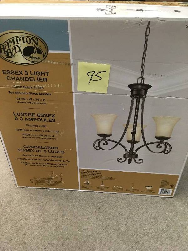 lot 95 image: Hampton Bay Essex 3-Light Aged Black Chandelier with Tea Stained Glass Shades not used