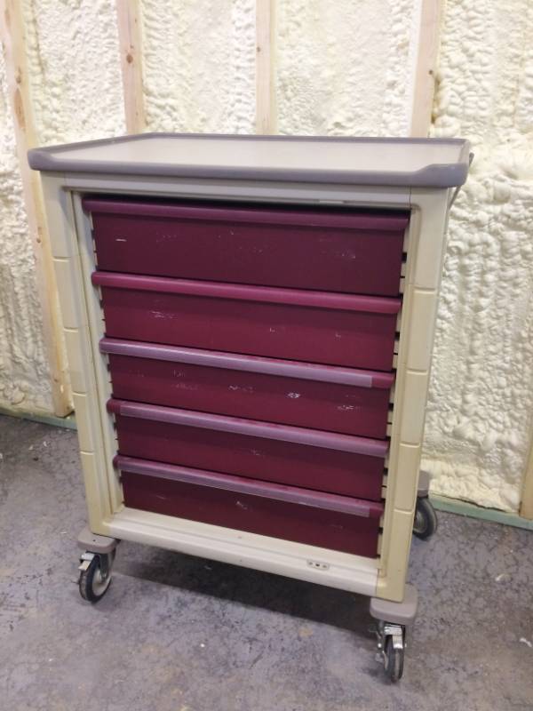 lot 20 image: 5 Drawer Medical Supply Crash Cart Clinical Storage - Built To Last A Lifetime Complete Washable Surface NO RUSTING Locking Wheels
