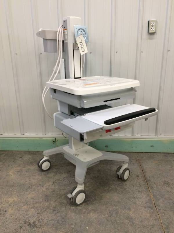 lot 32 image: Retails NEW $1800 Medical Mobile Computer Workstation Ergotron Adjustable Sit Or Stand Computer Laptop Cart - This One Has A Drawer &amp Extra Long Power Cord.