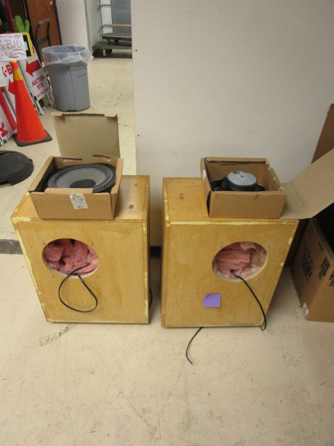 lot 284 image: TWO 9 12 FOCAL SUBWOOFER CONES WITH A PAIR OF UNFINISHED SPEAKER CABINETS