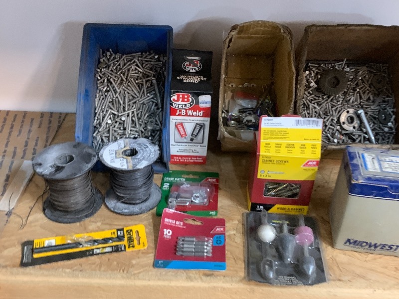 lot 35 image: Assorted Screws & Fasteners, Rolls Of Wire, Tiered Parts Tray, Etc