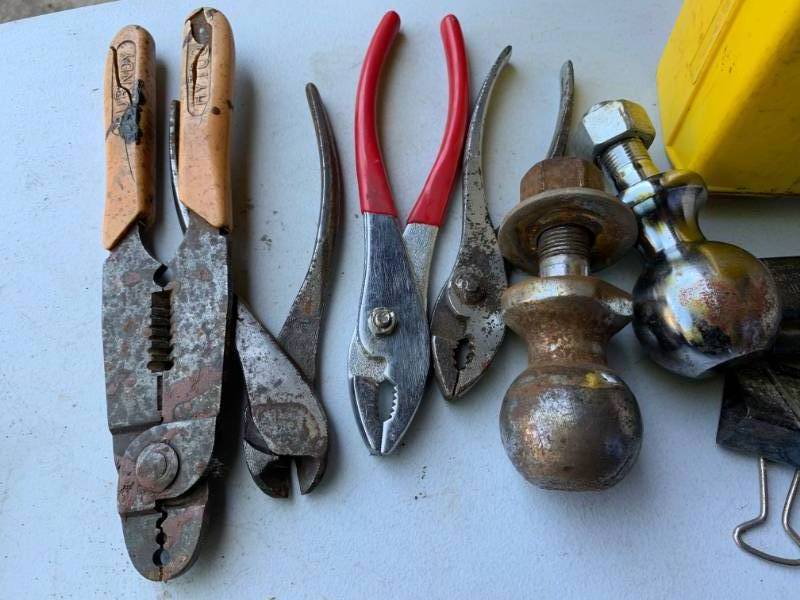 lot 61 image: Pliers - Flashlight - 1 78 Ball Hitch - 2 Ball Hitch