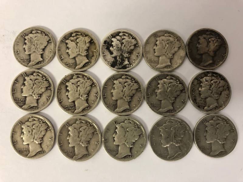 lot 77 image: 15 Mercury Dimes 1917-1944-Various Mint Marks