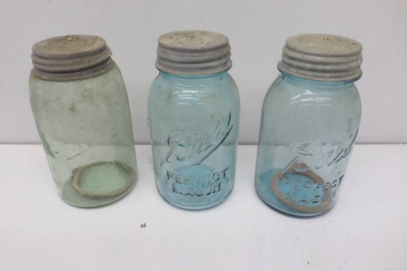 lot 74 image: 3 Vintage Ball Mason Jars with Zinc Lids