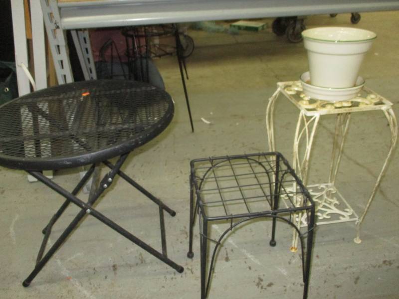 lot 62 image: 2 Medal Plant Stands and A patio Table