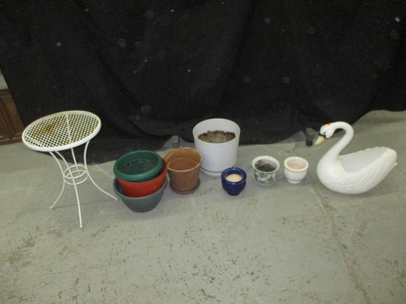lot 96 image: Flower pots, metal tables for deck , swan planter