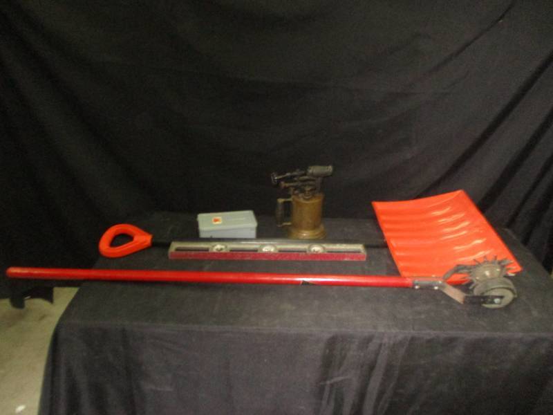 lot 144 image: Misc Items, Blow Torch, Lawn Edger, Leverl, Orange shovel, Drill Bit Box Empty