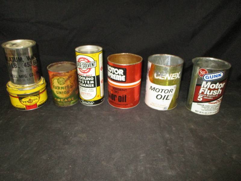 lot 145 image: 7 Vintage Cans, Farmwers Union Grease, Pennzoil Libricant, Petrolatum, Super Solvent, Cenex 1 qt empty, Gunk Motor Flush Empty, Motor Supreme, 1 qt empty
