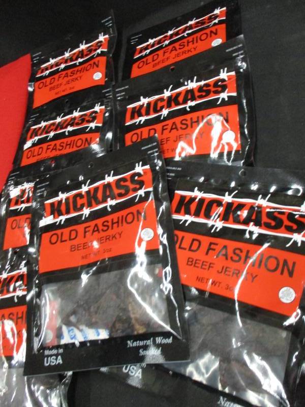 lot 159 image: 8 3 Oz Bags of Kick Ass Old Fashioned Beef Jerkey