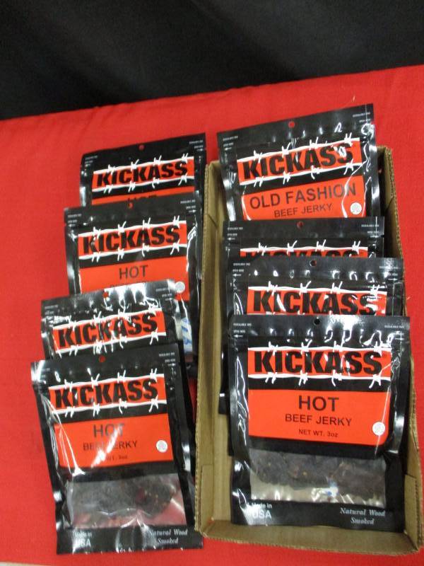 lot 193 image: 8 Bags of Kick Ass Beef Jerkey 3 Oz Packs