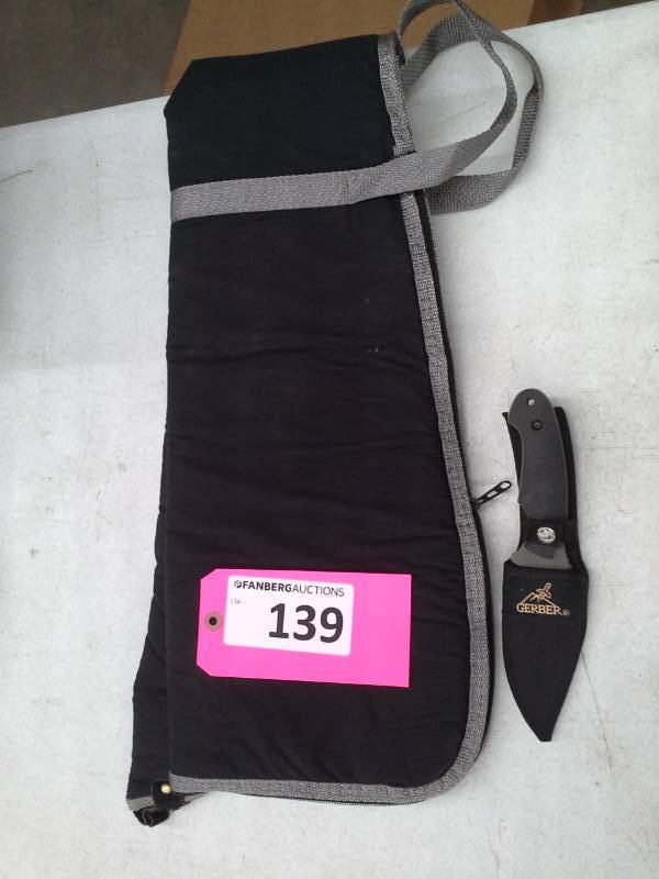 lot 139 image: Black Sheep Size 48 Carry Bag, Gerber Straight Knife with Sheath