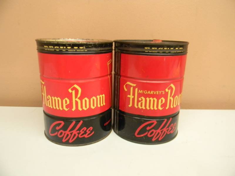 lot 15 image: 2- VINTAGE ORIGINAL WITH LIDS FLAME ROOM COFFEE CAN McGARVEY ATWOOD ORIGINAL 2 LB - SEE PICTURES