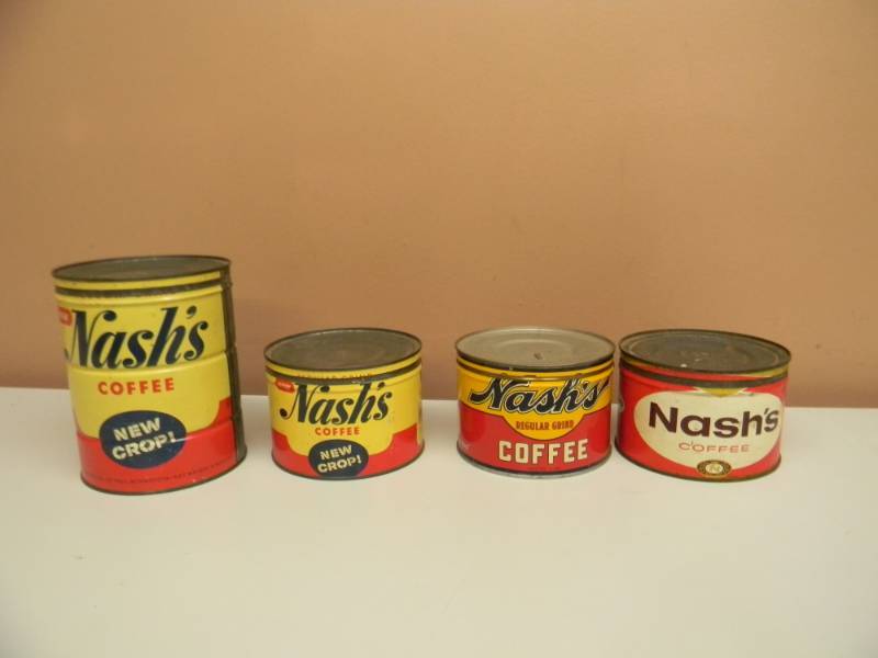 lot 16 image: 4- VINTAGE ORIGINAL WITH LIDS NASHS COFFEE CANS - ORIGINAL 1 & 2 LB - SEE PICTURES