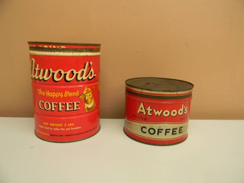 lot 22 image: 2 - VINTAGE ORIGINAL WITH LIDS ATWOODS COFFEE CANS - ORIGINAL 1 & 2LB - SEE PICTURES