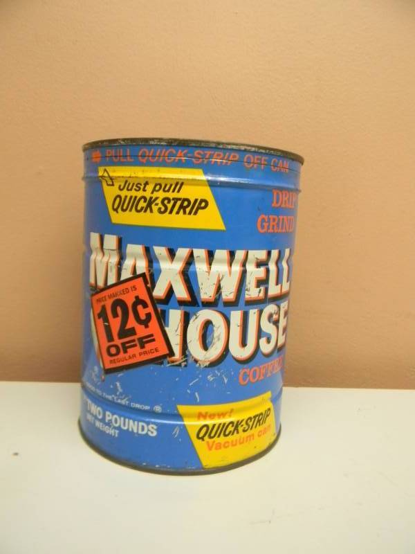 lot 24 image: RARE - VINTAGE ORIGINAL MAXWELL HOUSE QUICK-STRIP 12 CENTS OFF FULL OF COFFEE CAN - ORIGINAL 2LB - SEE PICTURES