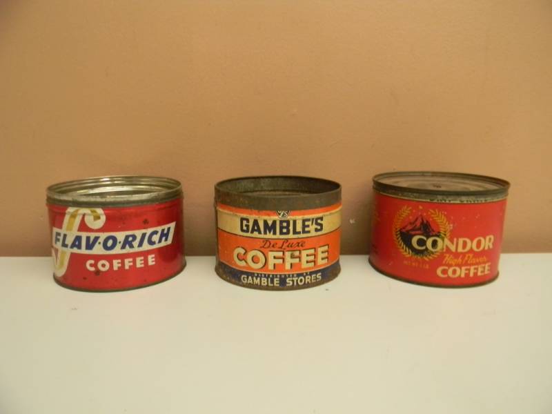 lot 25 image: 3 - VINTAGE ORIGINAL COFFEE CANS - CONDOR, GAMBLES & FLAV O RICH - ORIGINAL 1LB CANS - SEE PICTURES
