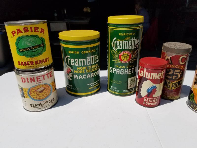 lot 37 image: Lot of 7 vintage Kitchen Tin Cans