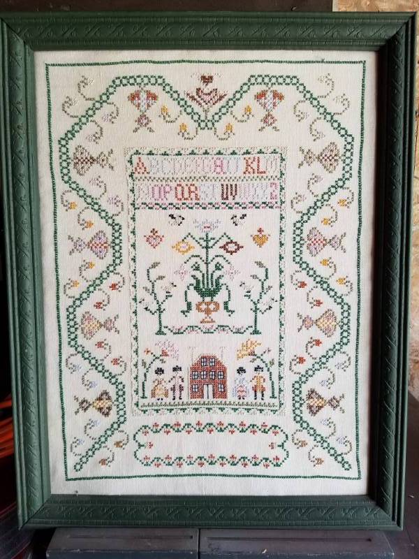 lot 98 image: 18 x 24 inch crocheted picture with solid wood frame