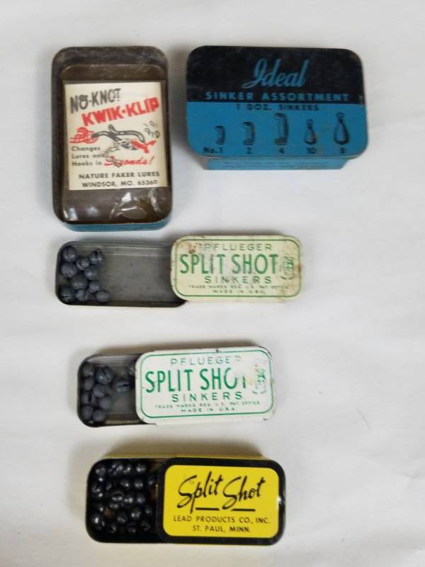 4 tins of split shot sinkers, Antiques, Vintage Fishing Lures and Duck  Decoys plus Red Wing Crocks Sale No Reserve!