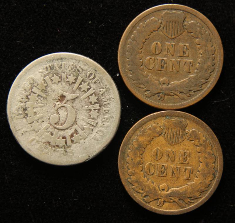 3 COINS 1866 SHIELD NICKEL 1892 1897 INDIAN HEAD CENTS