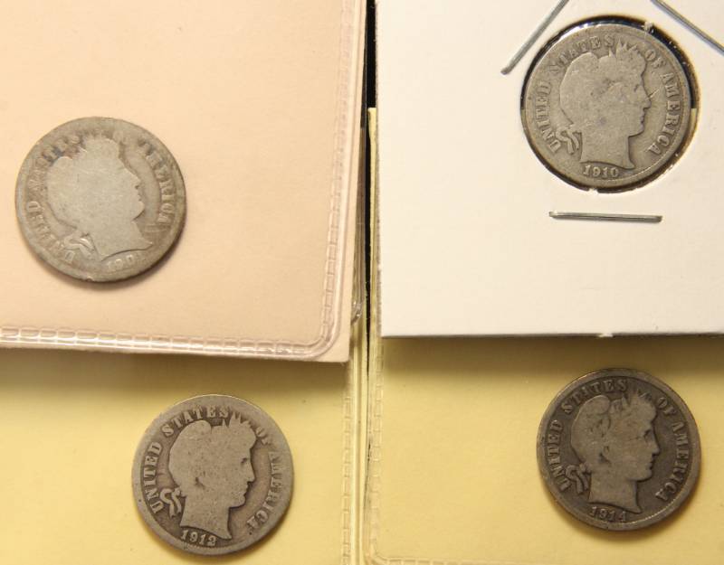 4 BARBER DIMES 1901-O 1910 1912-S 1914-D