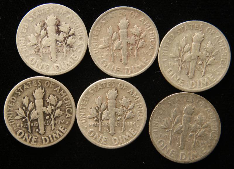 6 EARLYBETTER DATE DIMES 1946-S 1947-S 1948-S 1949-S 1950-S 1951-S