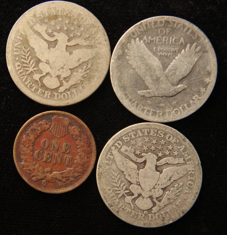4 COINS 1895 1908-O 1928 QUARTERS 1906 INDIAN HEAD CENT