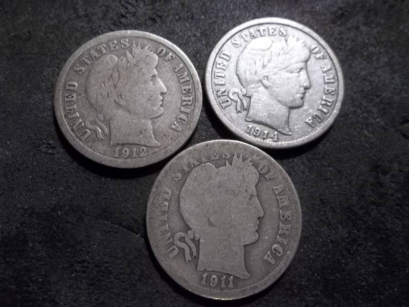 1911 S, 1912 S, 1914 D Barber Dimes