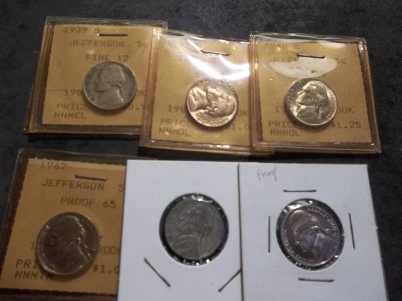6-Jefferson Nickels-1939 S, 1947 D MS65, 1948 S, MS65, 1962 PRF65, 1944 P War , 1969 Proof