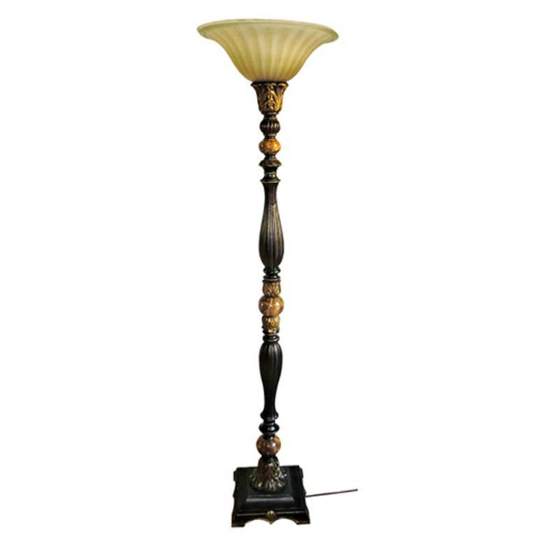 lot 32 image: Portfolio Barada 72-in Bronze with Gold Highlights Foot Switch Torchiere Floor Lamp with Glass Shade LBSH01MTN