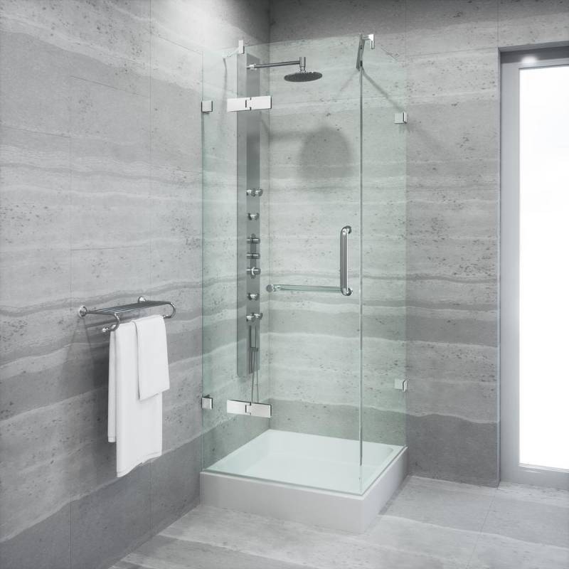 lot 71 image: VIGO Monteray 32.375 in. x 79.25 in. Frameless Pivot Shower Door in Brushed Nickel with Clear Glass with Base VG6011BNCL32W