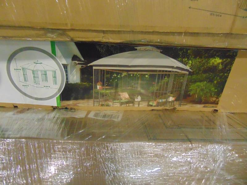 lot 104 image: WHOLESALE MIXED PALLET OF RETURNS - STORAGE SHED, GAZEBOS, AND POWER TOOL STAND