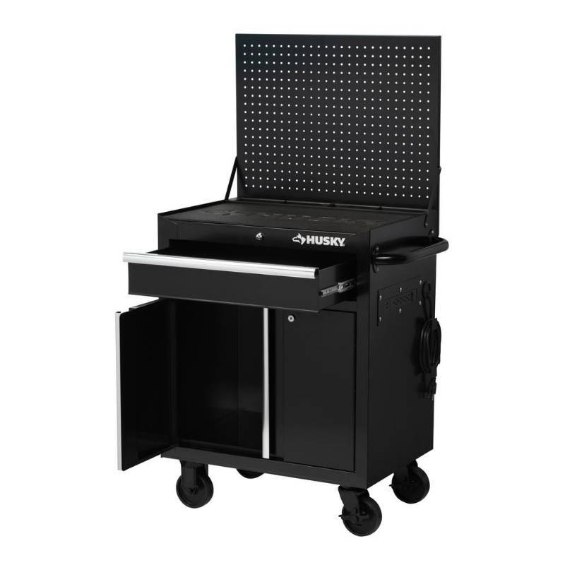 lot 146 image: Husky 27 in. W 19 in. D 1-Drawer 2-Door Project Center with Flip-Up Pegboard in Black H27PC1