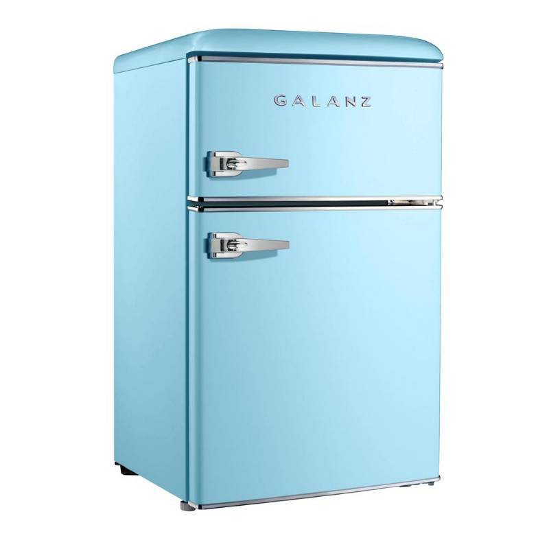 lot 148 image: Galanz 3.1 cu. ft. Retro Mini Fridge with Dual Door True Freezer in Blue GLR31TBEER
