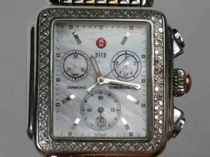 Ladies Michele Diamond Deco Mother-of-Pearl Chronograph Date Mop Square Watch