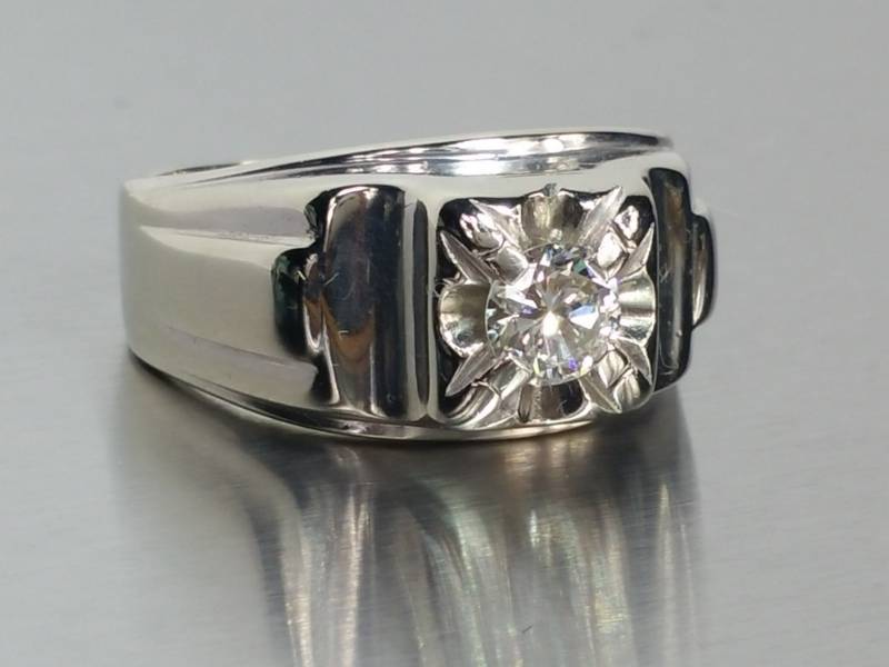 Large, Heavy Mens .66 CT Diamond Ring in Solid 14k White Gold - 11.1 Grams