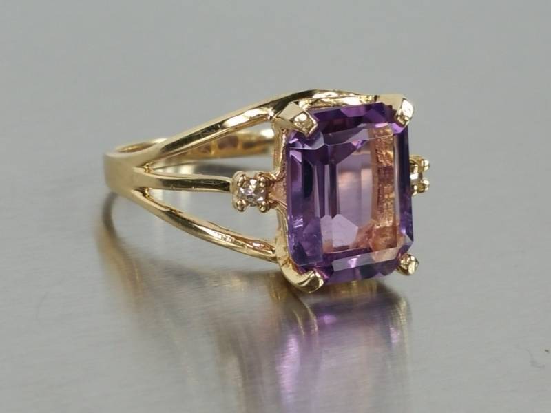 Gorgeous Large Amethyst and Diamond Estate Ring in 14k Yellow Gold