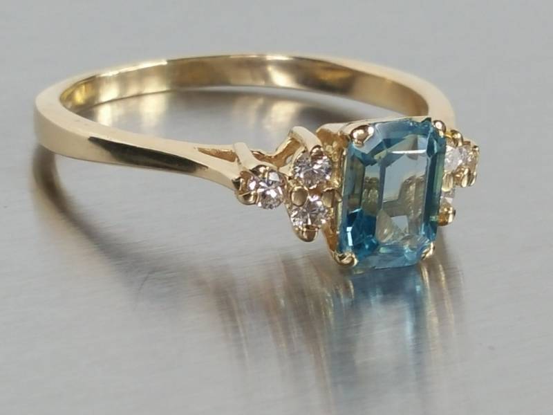 Emerald Cut Blue Topaz and Diamond Estate Ring in 14k Yellow Gold