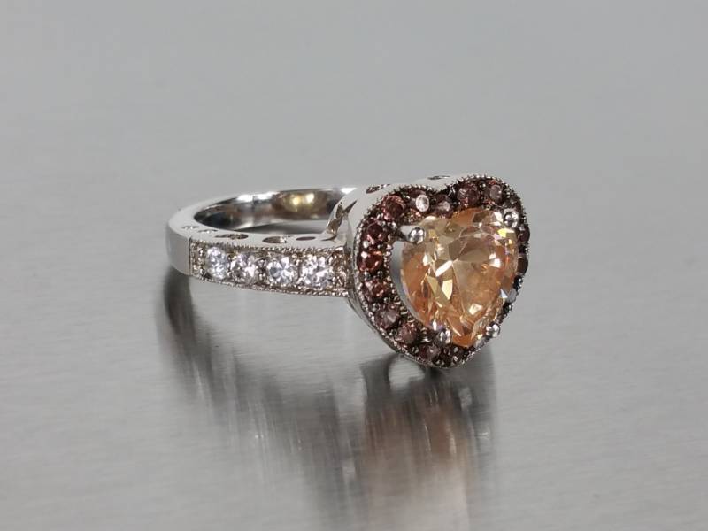 Ladies Morganite Halo Heart Estate Ring in Sterling Silver