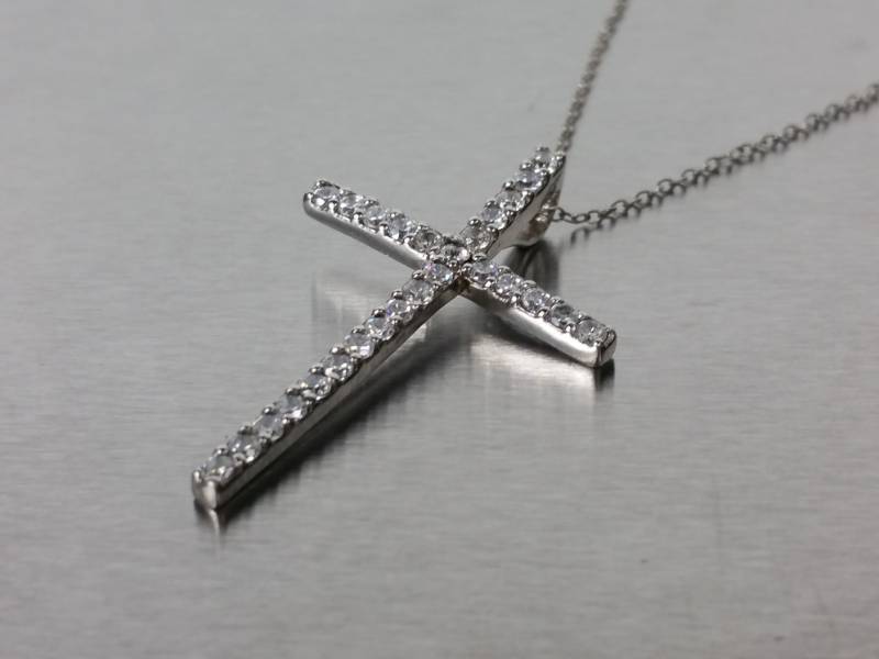 Gem Encrusted Cross Estate Pendant with Chain Both in Sterling Silver