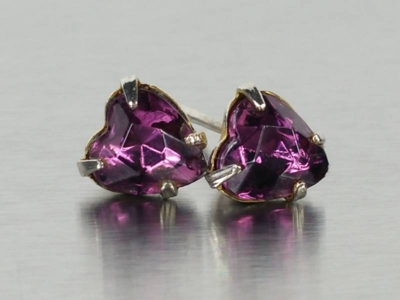 Grape Garnet Heart-Shaped Solitaire Estate Earrings
