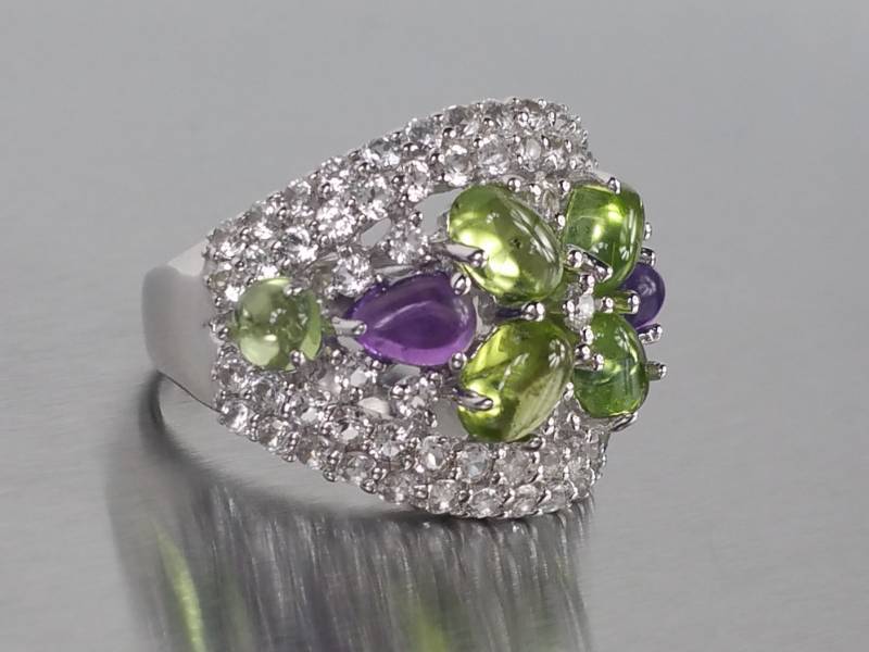 Incredible Cabochon Peridot and Amethyst Ring in Sterling Silver