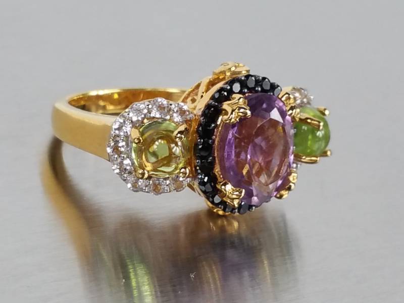 Amethyst and Cabochon Peridot Estate Ring in Gold over Sterling Silver