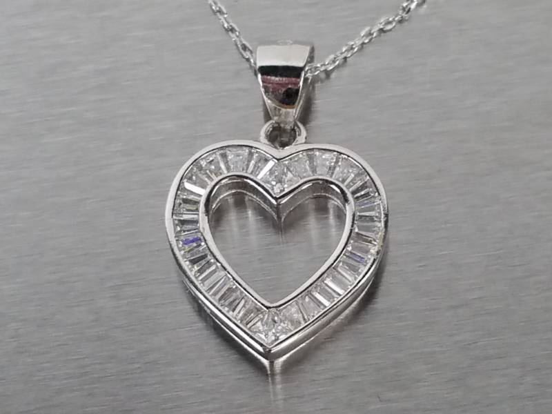 Beautiful Baguette Cut Heart Shaped Estate Necklace in Sterling Silver