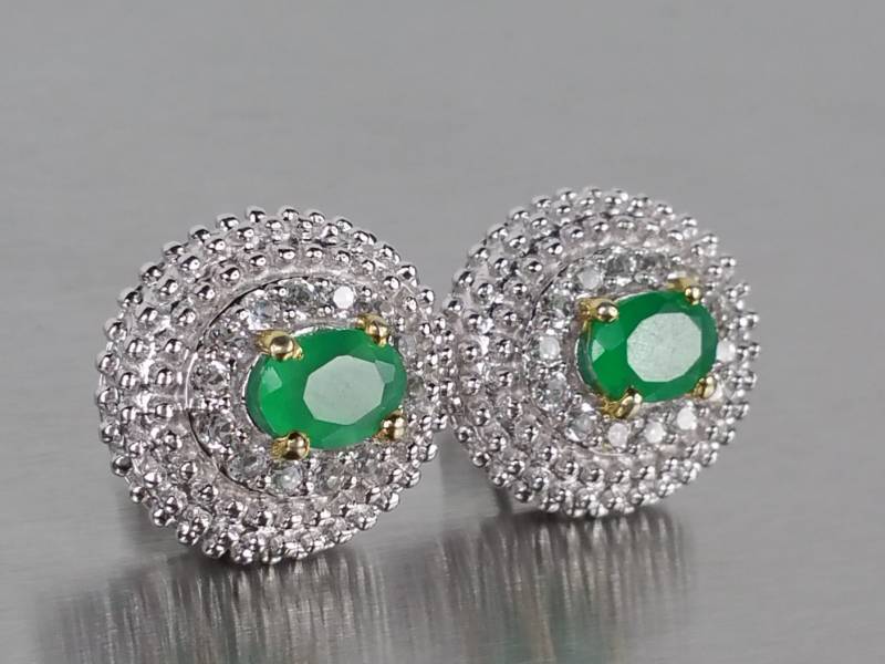 Ladies Green Emerald Estate Earrings in Sterling Silver