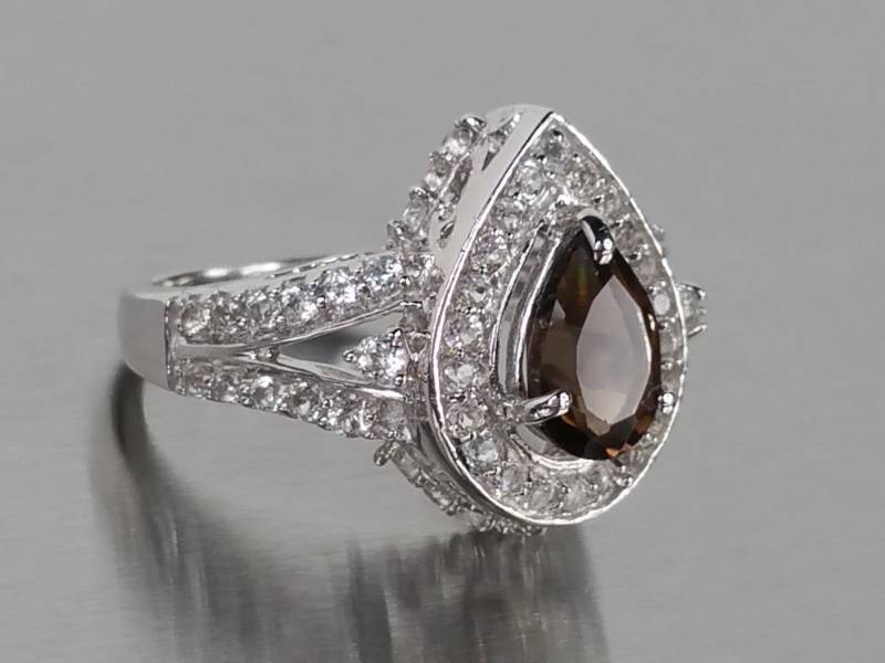 Beautiful Smoky Quartz Pear Shaped Estate Ring Surrounded in Halo Sterling Silver